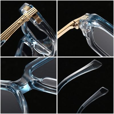 High-end transparent eyeglasses with gold accents and textured temples, luxury optical eyewear for style and vision correction.