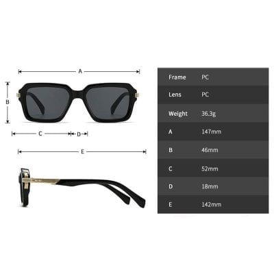 High-quality black sunglasses with polarized lenses, lightweight design, 147mm frame width, perfect for stylish UV protection and optical comfort.