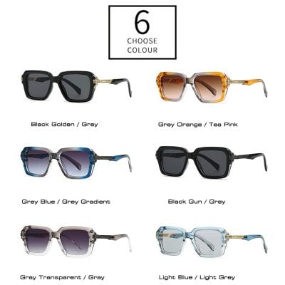 6 choose colour sunglasses, black golden grey, grey orange tea pink, grey blue grey gradient, black gun grey, grey transparent grey, light blue light grey.