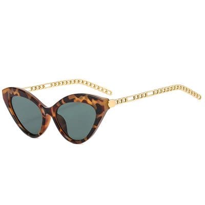 Stylish tortoise shell cat-eye sunglasses with gold chain temples, perfect for fashion-forward eyewear enthusiasts.