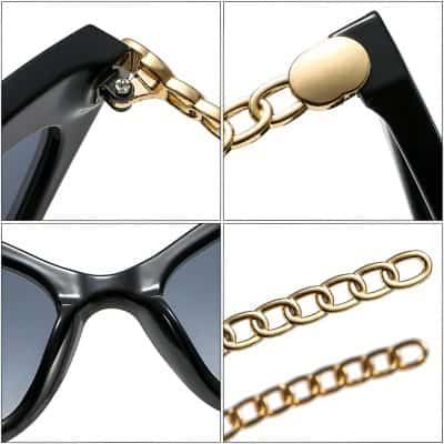 Black sunglasses with gold chain detail, luxury eyewear accessory, Monalisa Store exclusive design, stylish and elegant sunglasses for women and men, high-quality fashion accessories for trendy looks.