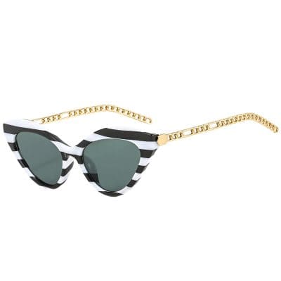 Black and white striped stylish sunglasses with gold chain arms, perfect for fashion-forward individuals and UV protection. Ideal for summer outings and beach days.