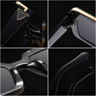 Black luxury sunglasses with gold accents, modern design, and sleek finish for stylish eyewear. Perfect for fashion-forward individuals seeking high-end optical accessories.