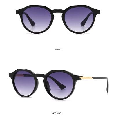 High-quality black sunglasses with round purple-tinted lenses, stylish design, and comfortable fit, perfect for UV protection and fashion.