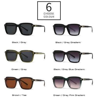 Stylish square sunglasses in multiple colors including black/gray, green/gray, brown/tan, and color-gradient options, perfect for fashion-forward eyewear enthusiasts.