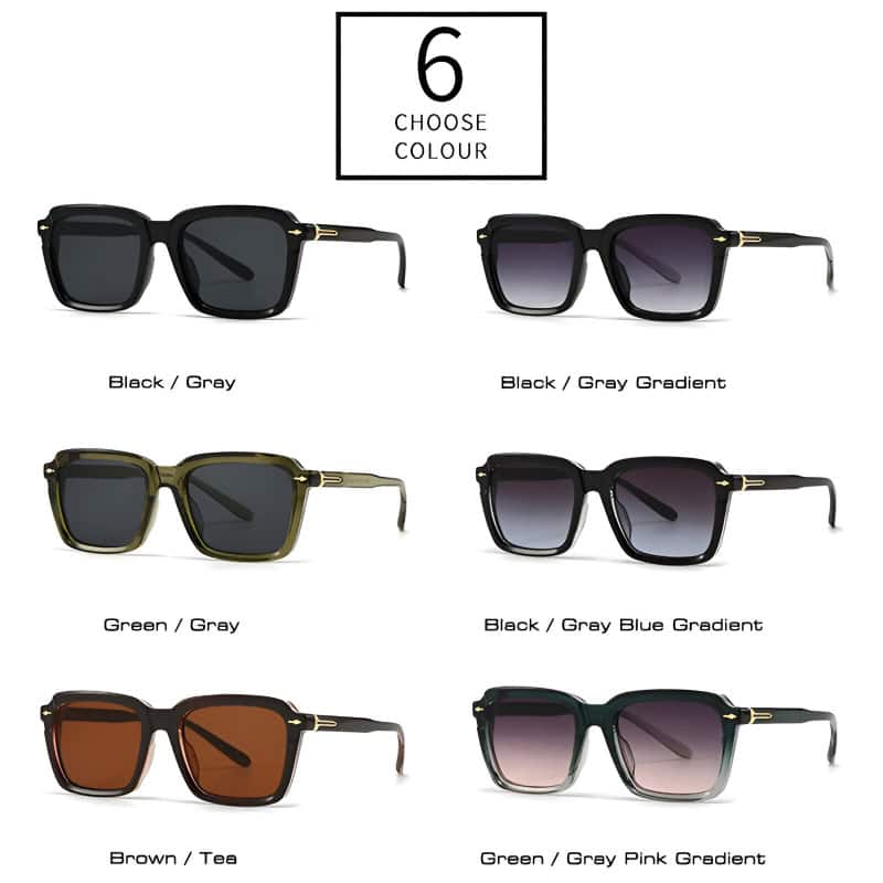 Stylish square sunglasses in multiple colors including black/gray, green/gray, brown/tan, and color-gradient options, perfect for fashion-forward eyewear enthusiasts.
