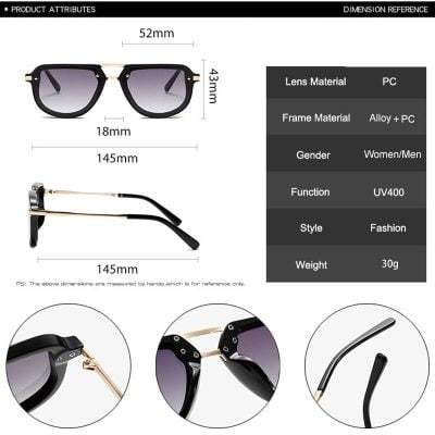Stylish black and gold fashion sunglasses for women and men with UV400 protection, lightweight 30g frame, and polarized lenses, perfect for outdoor activities and modern eyewear fashion.
