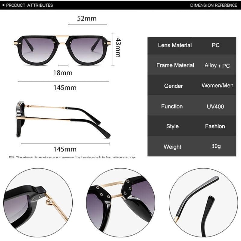 Stylish black and gold fashion sunglasses for women and men with UV400 protection, lightweight 30g frame, and polarized lenses, perfect for outdoor activities and modern eyewear fashion.