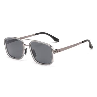 Stylish square sunglasses with gray tinted lenses, metal frame, and adjustable nose pads for optimal comfort, perfect for fashion-forward eye protection.
