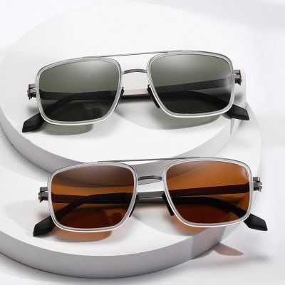 Sunglasses with polarized lenses on white display, fashionable eyeglasses for men and women, stylish eyewear from Monalisa Store optometry collection, UV protection sunglasses accessories.