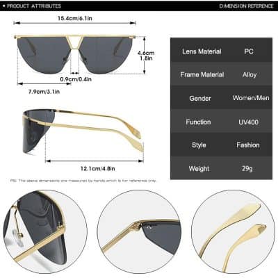 Gold metal frame sunglasses with dark lenses, fashionable UV400 protective eyewear for women and men, lightweight 29g, stylish summer accessories at Monalisa Store.