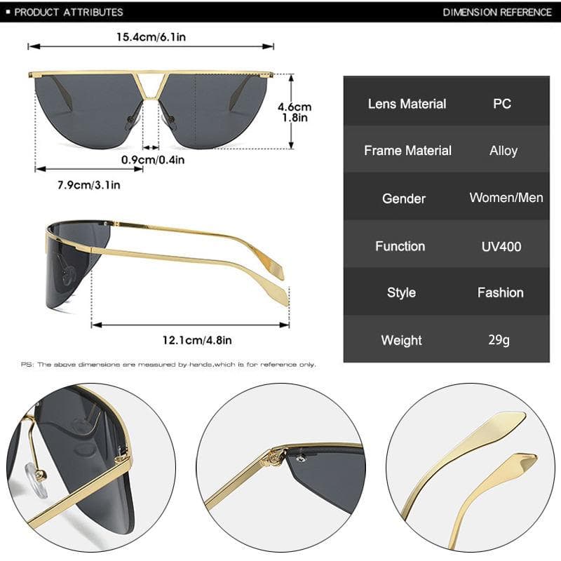 Gold metal frame sunglasses with dark lenses, fashionable UV400 protective eyewear for women and men, lightweight 29g, stylish summer accessories at Monalisa Store.