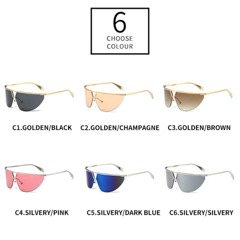 Sunglasses in six different colors including black, champagne, brown, pink, dark blue, and silver - stylish eyewear options for men and women from Monalisa Store.