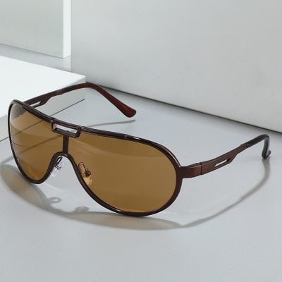 Sunglasses with brown tinted lenses and sleek metal frame, perfect for stylish sun protection and eye comfort. Ideal for outdoor activities, sunglasses shopping, and enhancing your fashionable look.