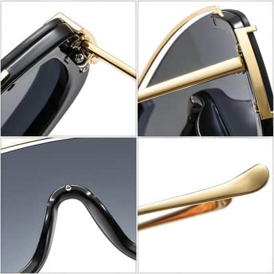 Black and gold luxury sunglasses with a sleek, modern design, featuring detailed close-up shots highlighting the frame's finish, hinges, and arms, perfect for high-end eyewear fashion.