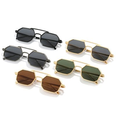 Elegant designer sunglasses with hexagonal frames in black, gold, silver, and tortoise shell, ideal for stylish sun protection and eyewear fashion.