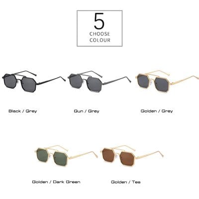Stylish sunglasses with five color options including black/grey, gun/grey, golden/grey, golden/dark green, and golden/tea, perfect for sun protection and fashion at Monalisa Store.