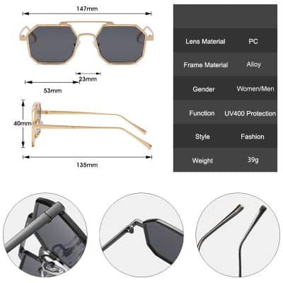 Polarized sunglasses with gold frame, UV400 protection, women's and men's fashion style, lightweight 39g, durable alloy frame, modern design, Monalisa Store.