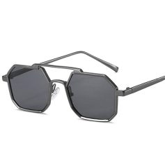 Sunglasses with hexagonal dark tinted lenses and sleek metal frame, stylish eyewear for UV protection and fashion.
