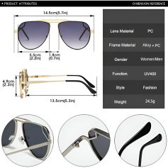 Sunglasses with black lenses, gold frame, and adjustable black earpieces, featuring UV400 protection, stylish design, and lightweight construction, ideal for both women and men.