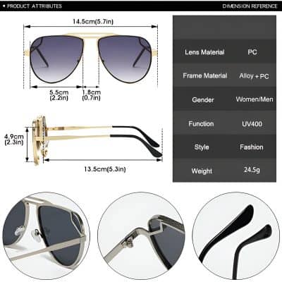 Sunglasses with black lenses, gold frame, and adjustable black earpieces, featuring UV400 protection, stylish design, and lightweight construction, ideal for both women and men.