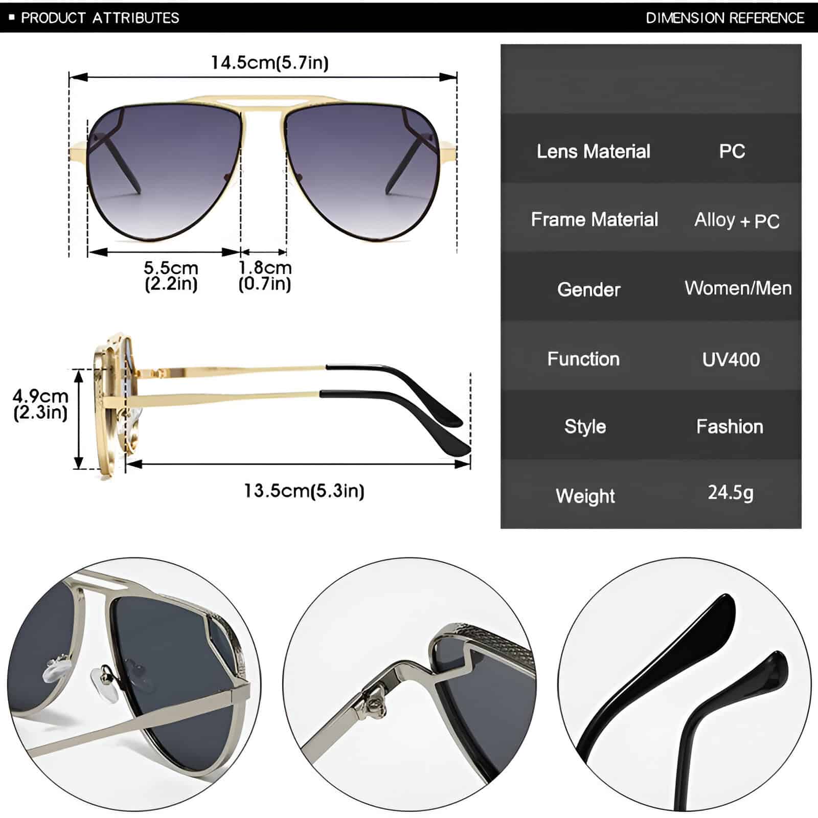 Sunglasses with black lenses, gold frame, and adjustable black earpieces, featuring UV400 protection, stylish design, and lightweight construction, ideal for both women and men.