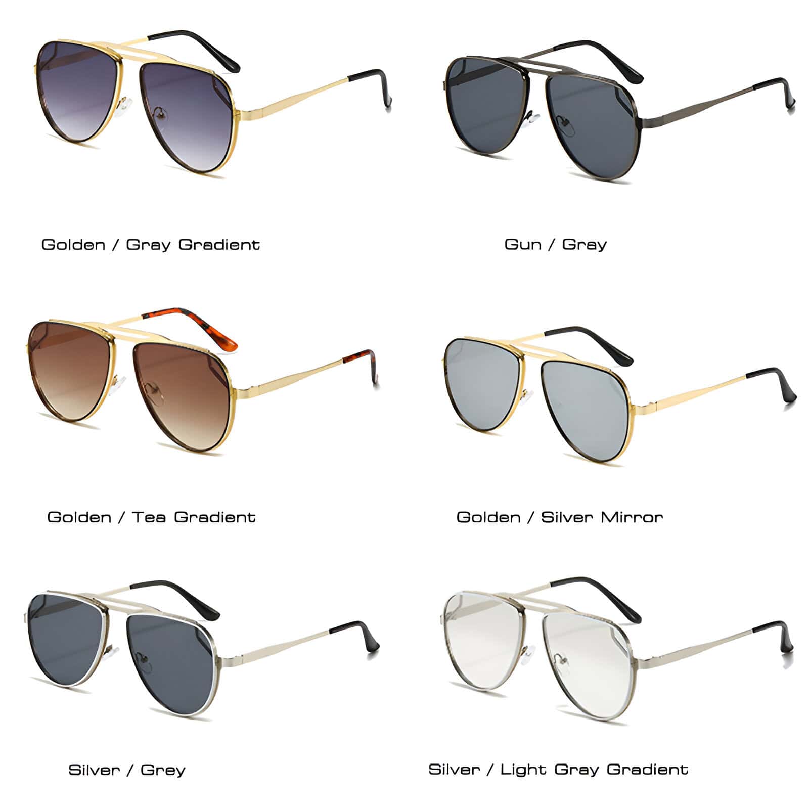 Elegant designer sunglasses with various frame and lens color options, including gold, silver, and gradient tints, perfect for stylish sun protection and fashion.