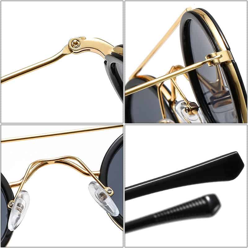 Brass-rimmed retro sunglasses with dark lenses and gold details, stylish eyewear for fashion and sun protection.