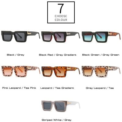 Stylish designer sunglasses with various color options including black, red, green, pink leopard, tiger print, and striped white; perfect for fashion-forward individuals.
