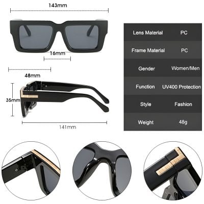 Sunglasses with black frame and gray lenses, featuring detailed measurements and stylish design, perfect for UV400 protection and fashion-forward appeal.