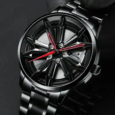 Black luxury wristwatch with sleek, modern design and red accents, perfect for men's fashion accessories.