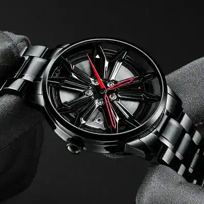 Black luxury watch with a sleek, modern design and bold red accents, perfect for stylish accessories and timepieces.