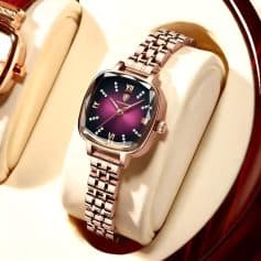 Diamond-studded women's wristwatch with rose gold bracelet and purple dial, luxury fashion accessory, Monalisa Store jewelry, elegant women's timepiece for special occasions.