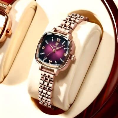 Diamond-studded women's wristwatch with rose gold bracelet and purple dial, luxury fashion accessory, Monalisa Store jewelry, elegant women's timepiece for special occasions.