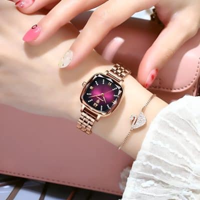 Elegant rose gold smartwatch with a vibrant purple dial, perfect for fashion-forward women seeking stylish accessories and accurate timekeeping at Monalisa Store.