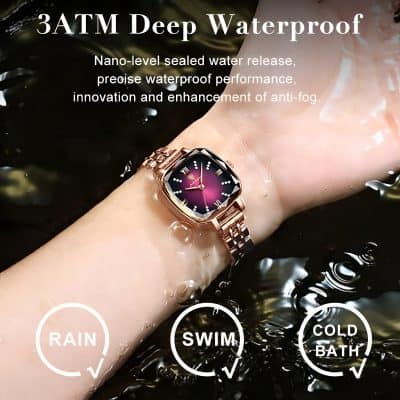 Nano-sealed waterproof wristwatch with rose gold band, designed for swim, rain, and cold bath, featuring 3ATM deep water resistance, precise waterproof performance, and anti-fog enhancement.