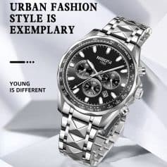 Luxurious men's stainless steel chronograph watch with black dial, tachymeter, and multiple sub-dials, perfect for urban fashion and style.