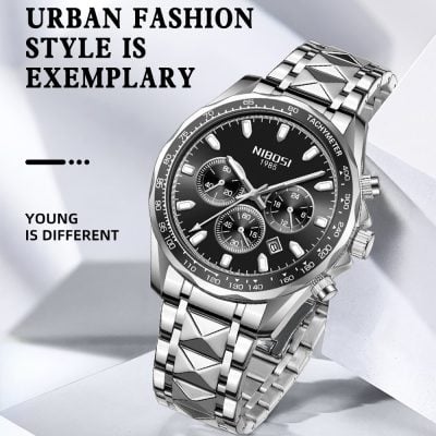 Luxurious men's stainless steel chronograph watch with black dial, tachymeter, and multiple sub-dials, perfect for urban fashion and style.