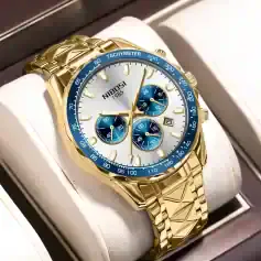 Luxurious gold men's chronograph watch with blue accents, tachymeter bezel, and multiple subdials, perfect for stylish occasions and timekeeping precision.