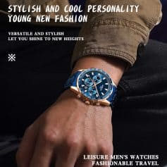 Stainless steel and blue dial men's sports watch with chronograph features, perfect for fashion-forward, sporty look and outdoor activities.