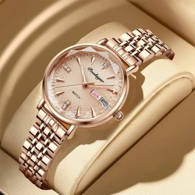 Elegant rose gold women's watch with crystal accents, date display, and day indicator, perfect for stylish accessorizing and luxury timekeeping.