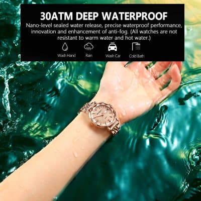 Waterproof wristwatch with rose gold finish suitable for aquatic activities and daily wear.