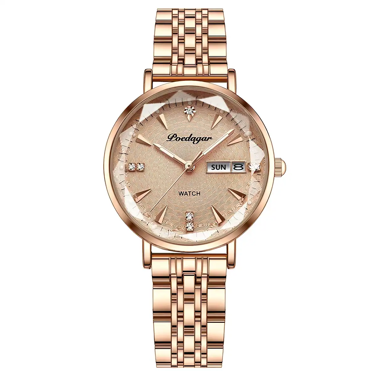 Elegant rose gold wristwatch with a textured dial, diamond accents, and day-date display – perfect for luxury accessories.