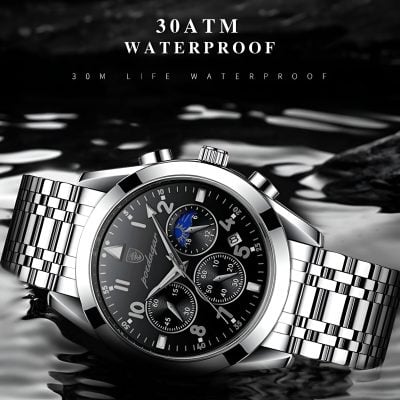 Stainless steel waterproof chronograph watch with multiple dials, classic design, and water-resistant up to 30 ATM, ideal for stylish men and women.
