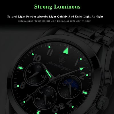Luminous dark watch with glowing hands and markers, showcasing stylish design and accurate timekeeping. Ideal for nighttime or low-light conditions, emphasizing luxury and precision.