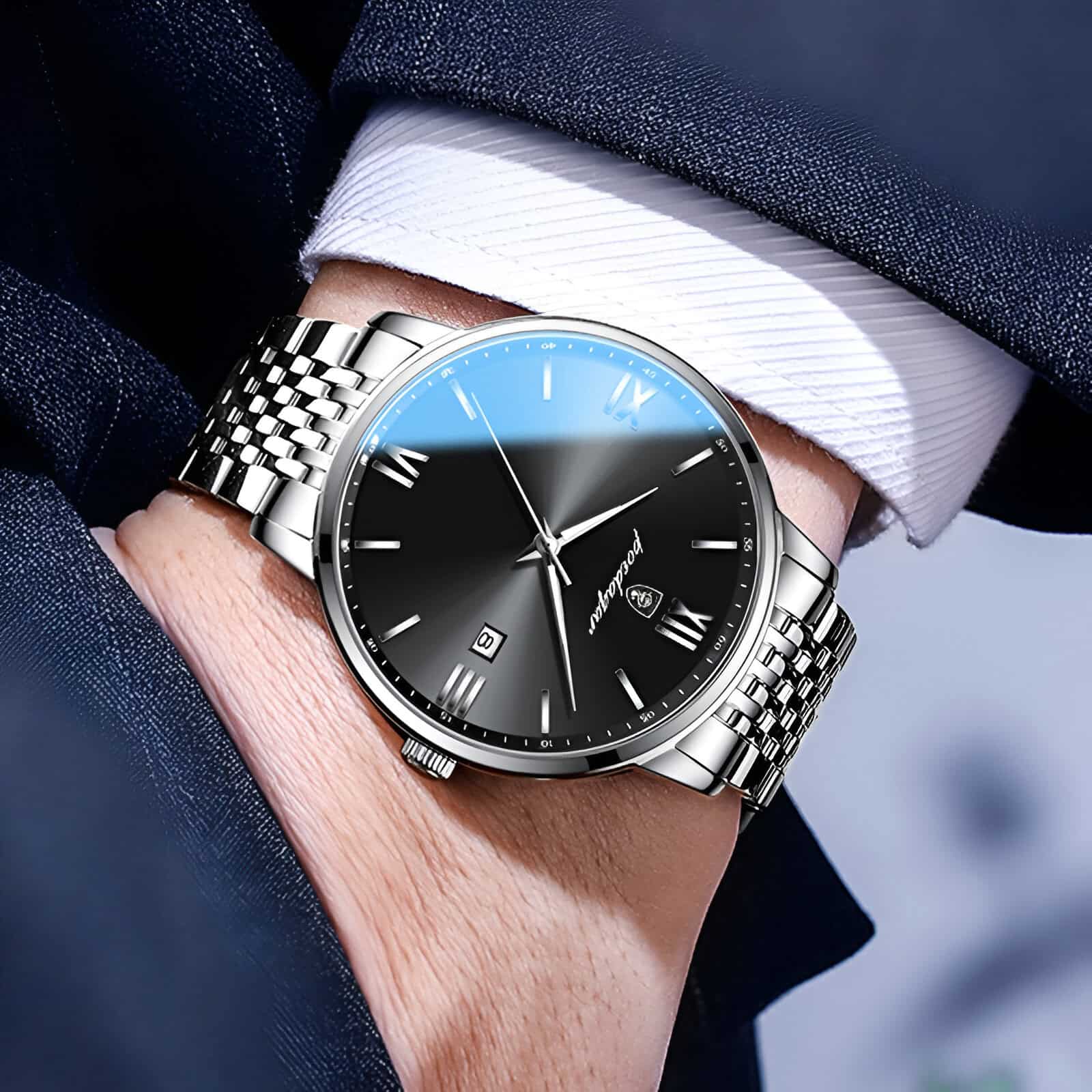 Stainless steel luxury wristwatch with black dial and date display, perfect for men, featuring classic Roman numerals, suitable for business and casual occasions.