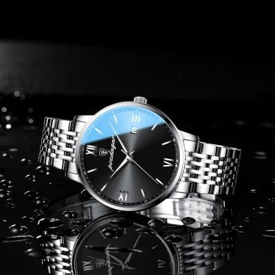 Stainless steel wristwatch with black dial and Roman numeral markers, showcasing luxury and elegance, suitable for fashionable accessories and timepiece collection.