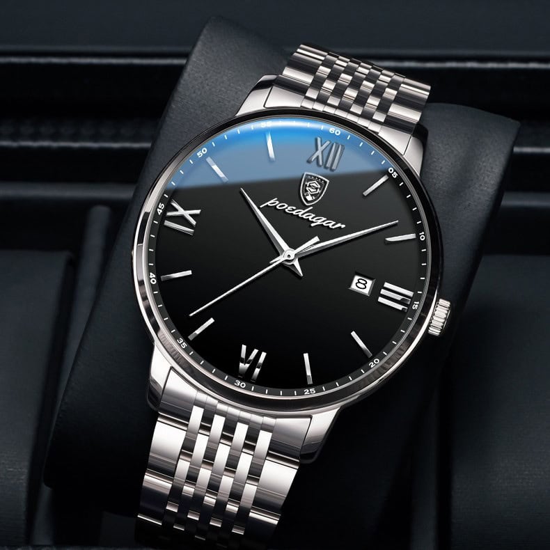 Luxury men's wristwatch with stainless steel band and black dial, featuring Roman numerals and date display, perfect for elegant accessories and watch enthusiasts.