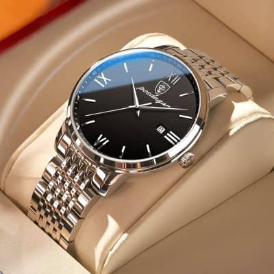 Stainless steel luxury wristwatch with black dial, Roman numerals, and date display, showcasing elegant design and craftsmanship. Great for stylish accessories and gifting.