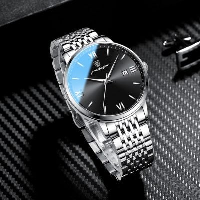 Luxury men's wristwatch with black dial and stainless steel bracelet, featuring date display and classic Roman numerals. Perfect for stylish accessories and high-quality timepieces.